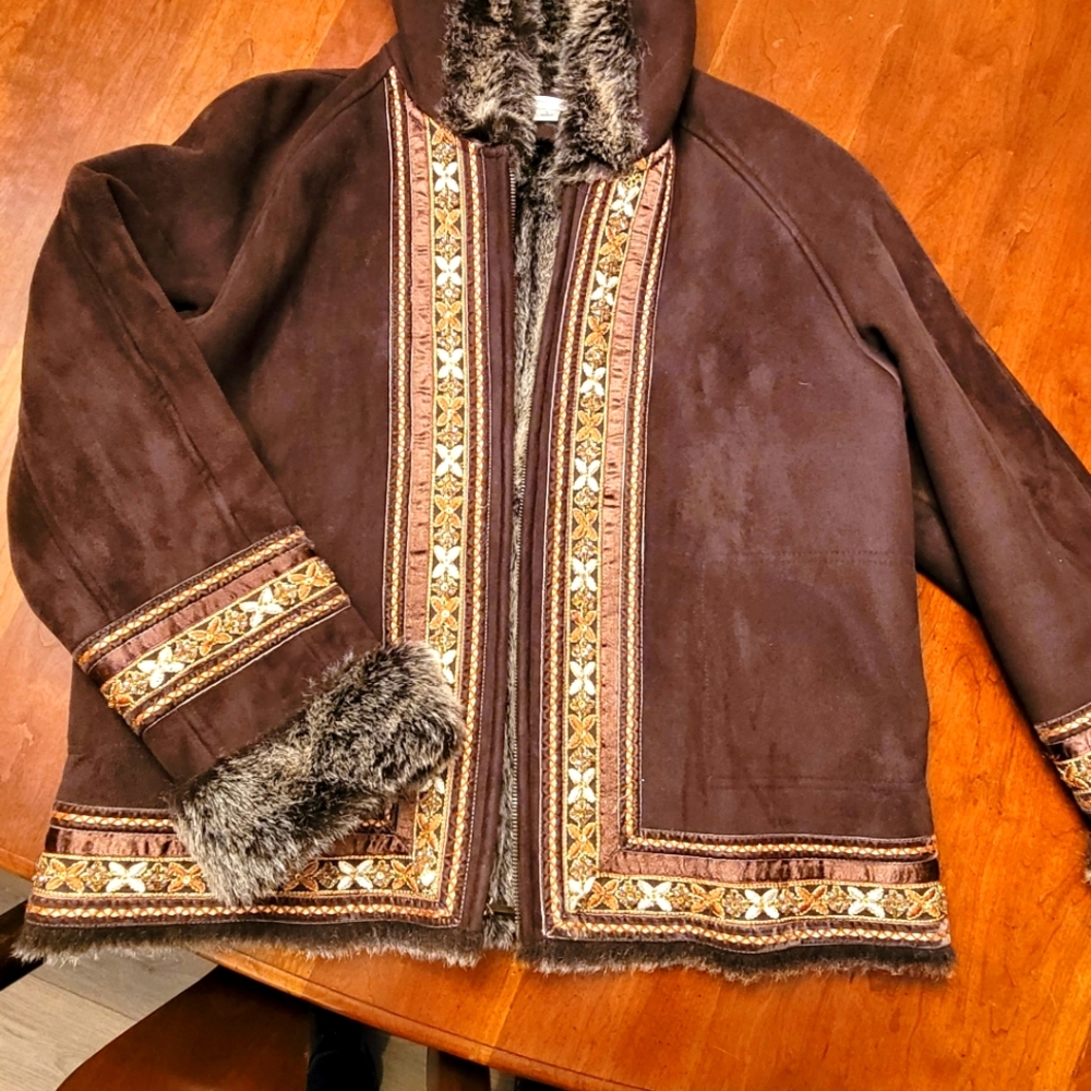 Coldwater Creek warm hooded brown suede coat